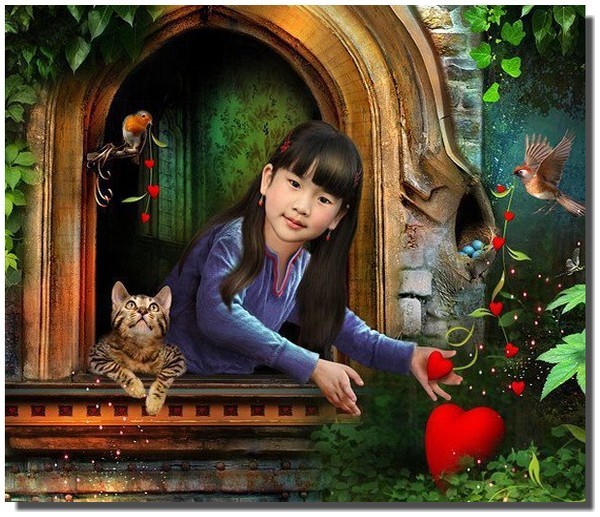 asiatique-petite-fille-animaux-river